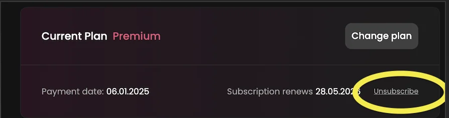 Candy AI subscription settings with the Unsubscribe control