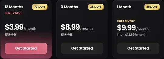 Candy AI monthly quarterly and annual subscription cards in US dollars