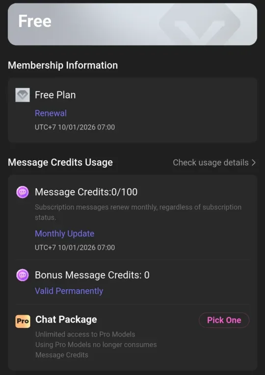 CrushOn free-account credit allowance screen