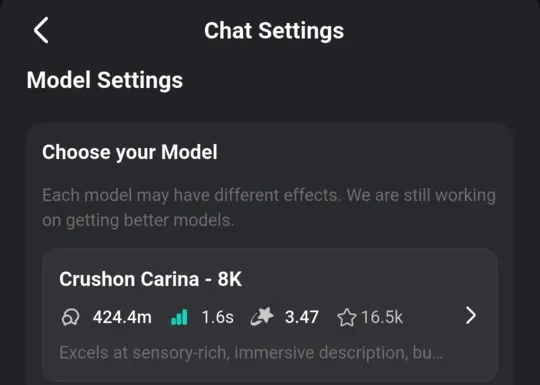 CrushOn chat settings showing model selection
