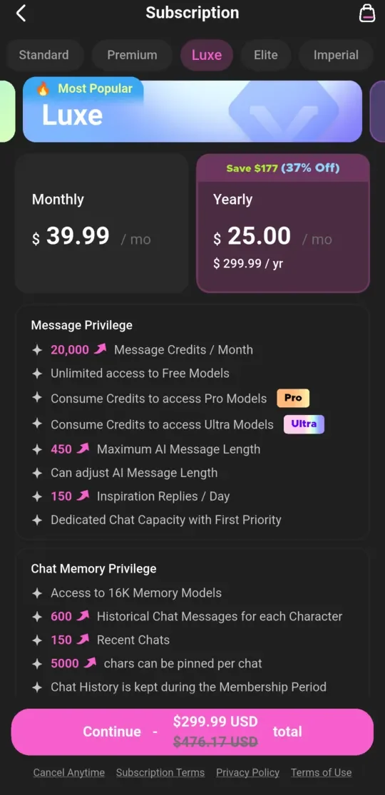 CrushOn Luxe paywall with annual billing selected